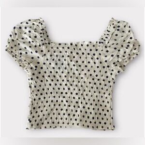 Button Puff Sleeve Polka Dot Crop Top Blouse